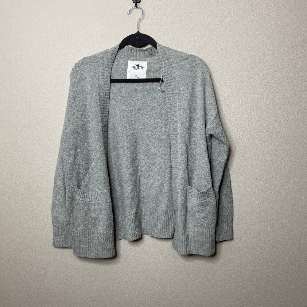 Hollister Womens Grey Open Front Grandpa Cardigan Sweater XS Pockets Cozy Knit